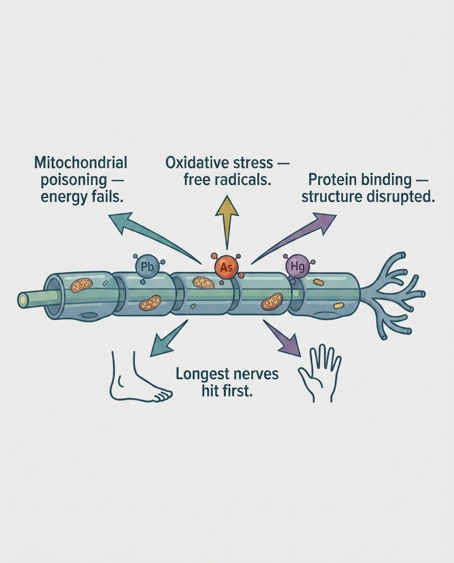 Diagram showing how lead arsenic and mercury particles attack a peripheral nerve through mitochondrial poisoning oxidative stress and protein binding with the longest nerves affected first.