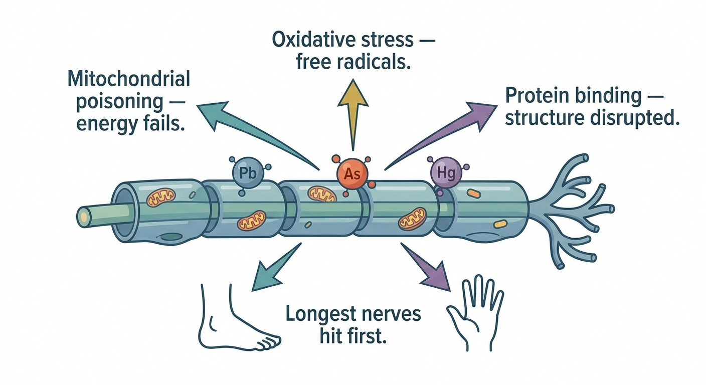 Diagram showing how lead arsenic and mercury particles attack a peripheral nerve through mitochondrial poisoning oxidative stress and protein binding with the longest nerves affected first.