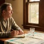 Older man at a kitchen table in a 1940s home holding a notebook and reflecting on potential household sources of heavy metal exposure that may have caused his neuropathy.