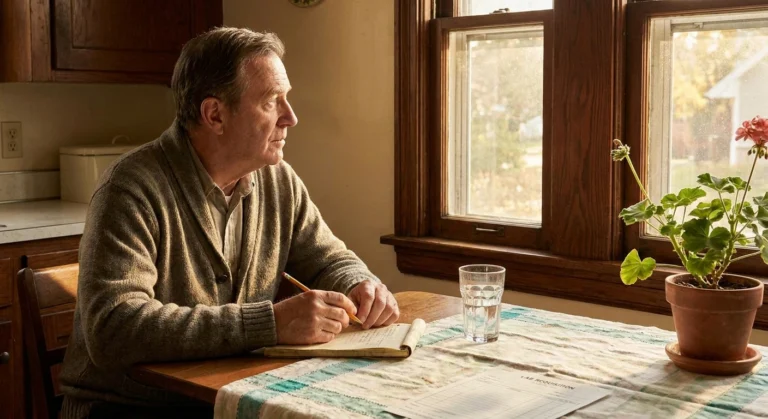 Older man at a kitchen table in a 1940s home holding a notebook and reflecting on potential household sources of heavy metal exposure that may have caused his neuropathy.
