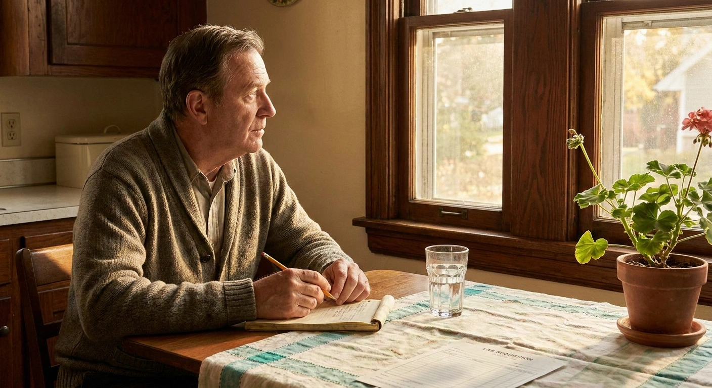 Older man at a kitchen table in a 1940s home holding a notebook and reflecting on potential household sources of heavy metal exposure that may have caused his neuropathy.