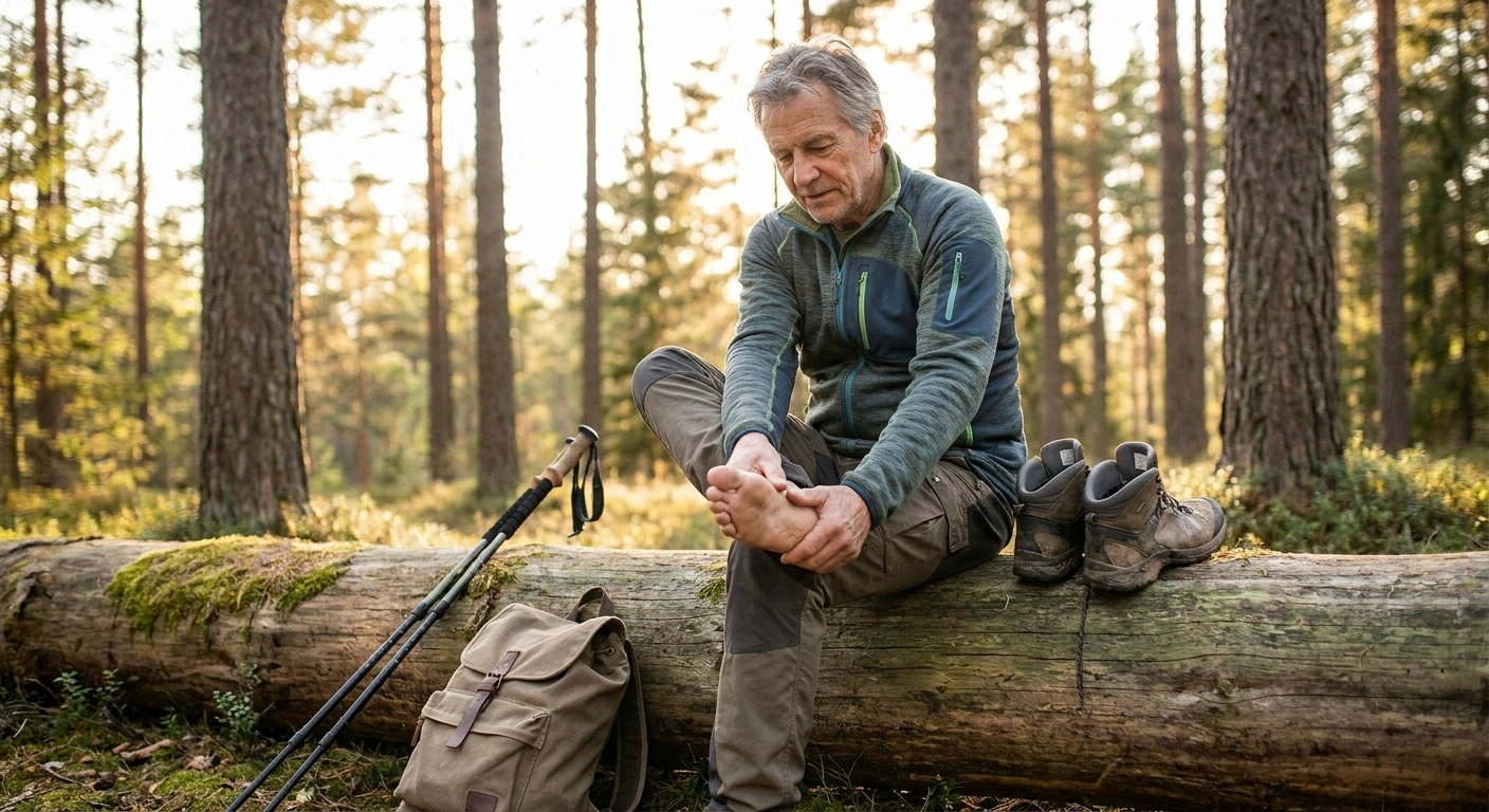 Hiker pausing at a rest stop on a forest trail to remove their boot and check their foot for hot spots.