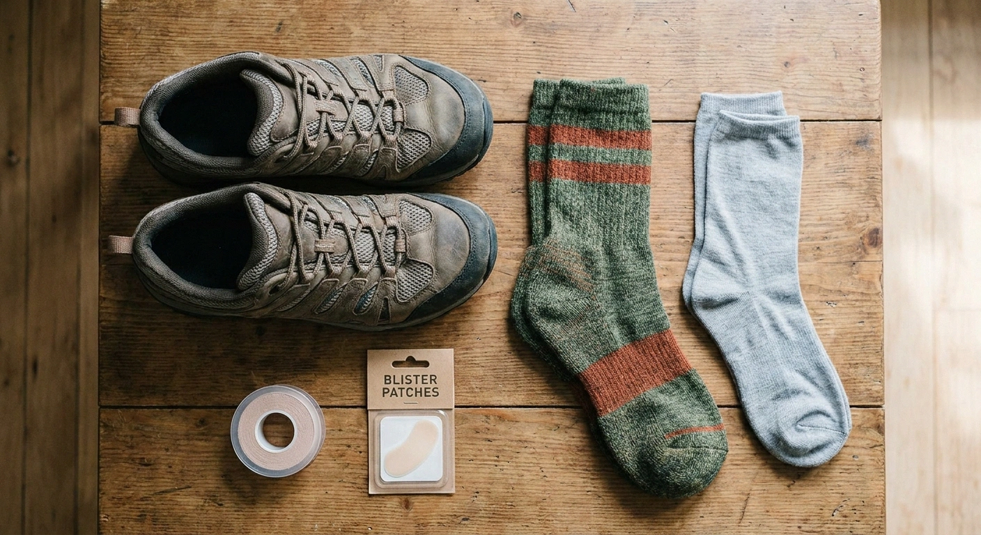 Flat-lay of low-cut hiking shoes, merino wool socks, sock liners, moleskin, and blister patches arranged on a wooden surface.