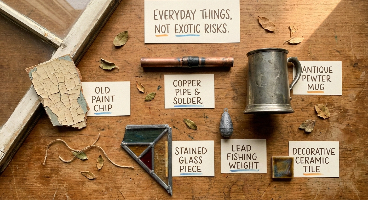 Flat-lay arrangement of common household lead exposure sources including old paint chip lead solder pewter stained glass and fishing weights with handwritten labels.