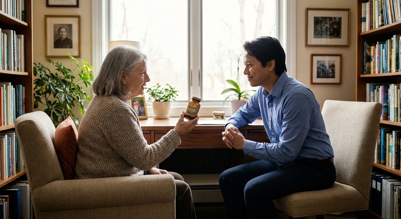 Older woman discussing a magnolia bark supplement with her healthcare provider during a calm office visit
