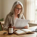 Older woman researching honokiol supplement evidence at kitchen table with magnolia branch and notebook