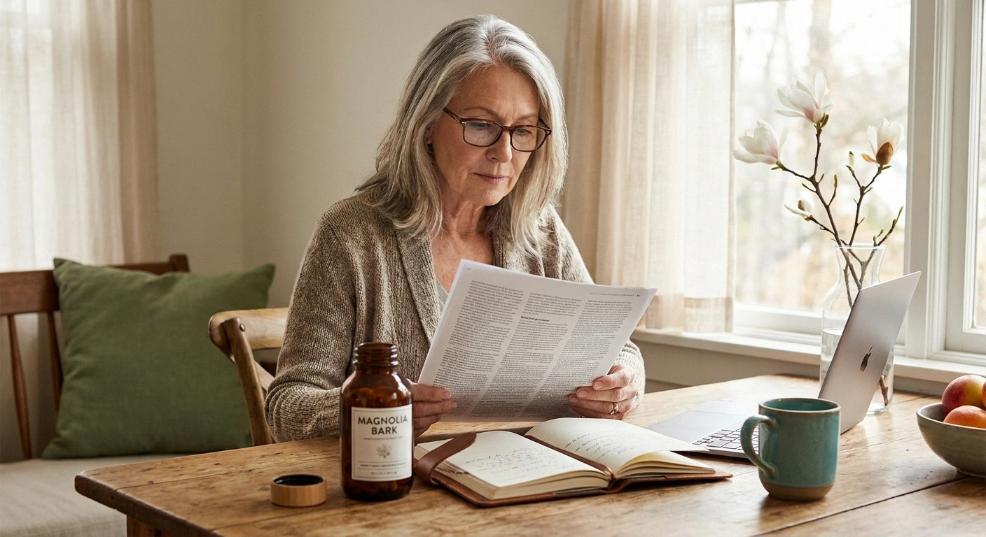 Older woman researching honokiol supplement evidence at kitchen table with magnolia branch and notebook