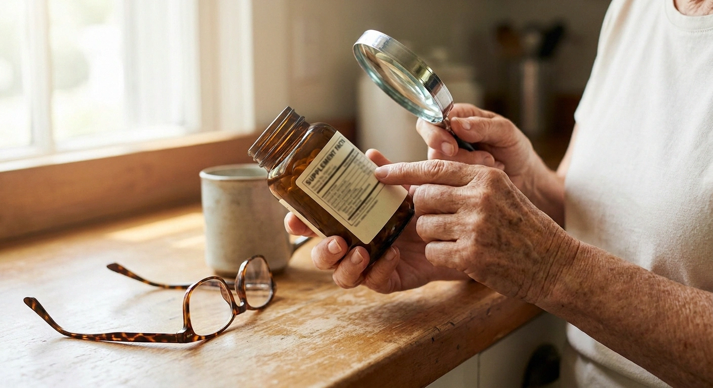 Hands holding a magnifying glass to read a supplement bottle label for standardization percentage