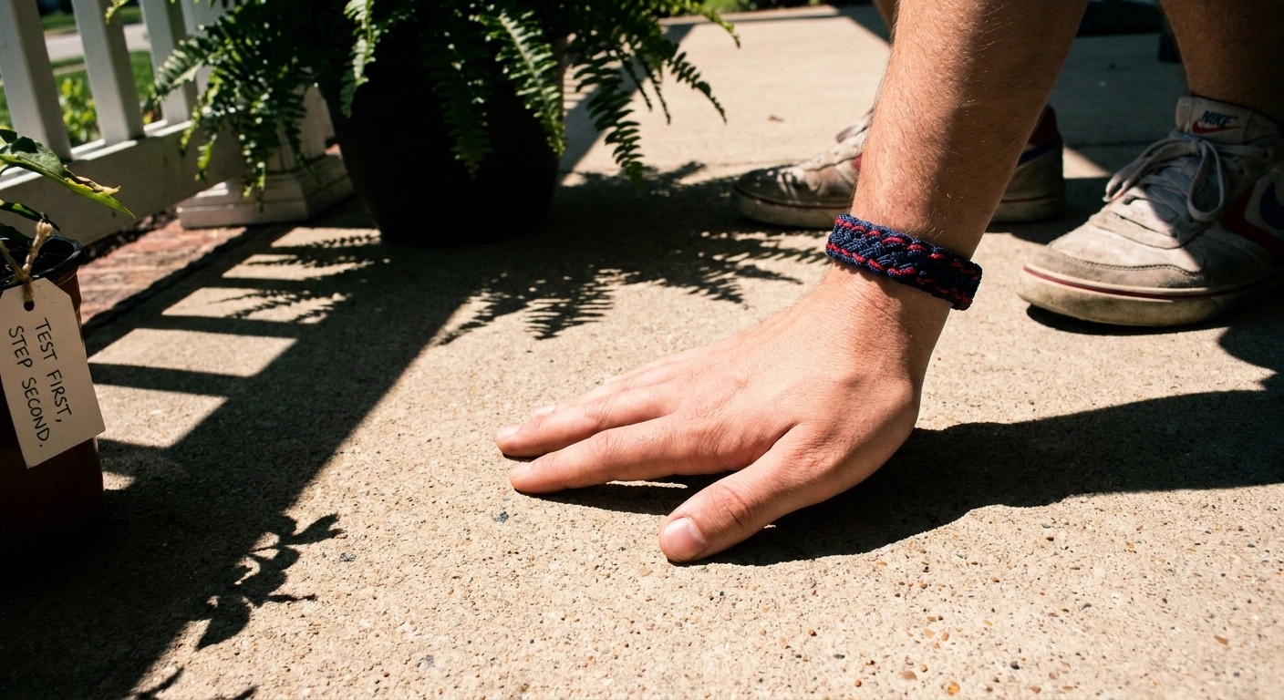 Close-up of the back of a hand pressed gently against a concrete sidewalk in bright summer sun to test the pavement temperature before walking.