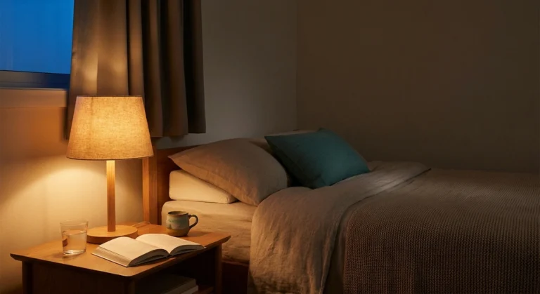 A calm dimly-lit bedroom at night with a soft bedside lamp, paper book, and water — a restful setting for sleeping with neuropathy.