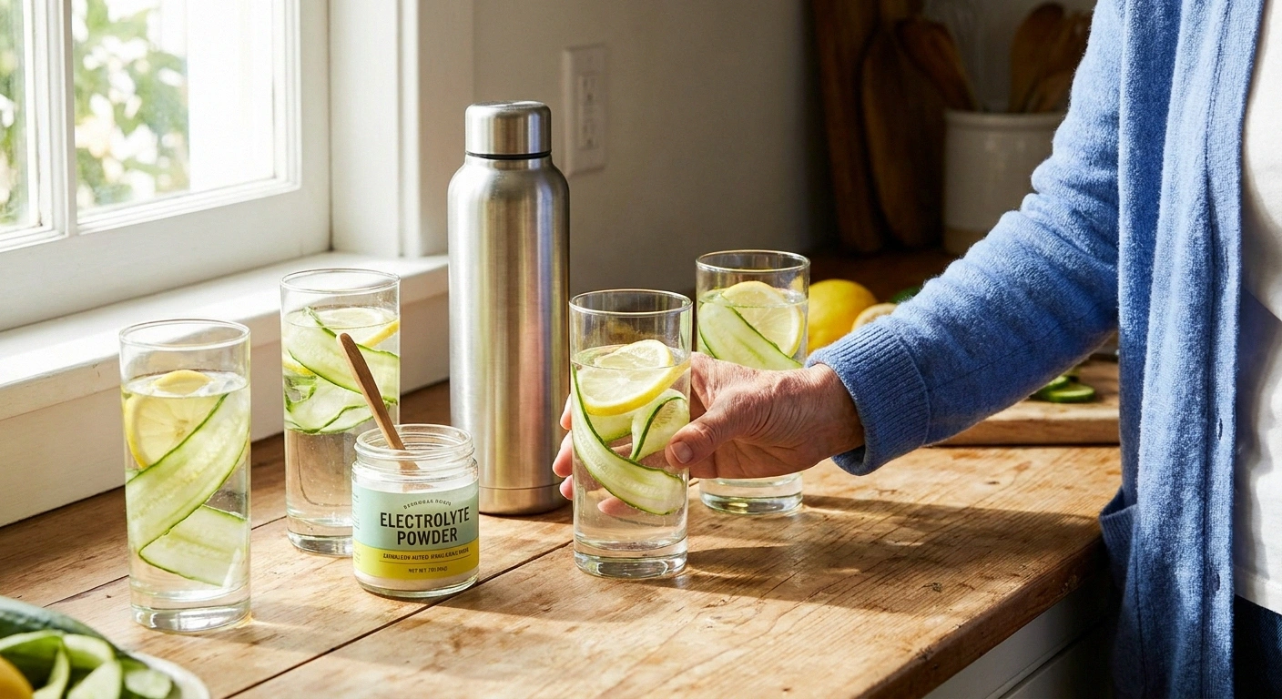 Kitchen counter with three glasses of water with lemon and cucumber slices an insulated water bottle and a small jar of electrolyte powder for summer hydration.