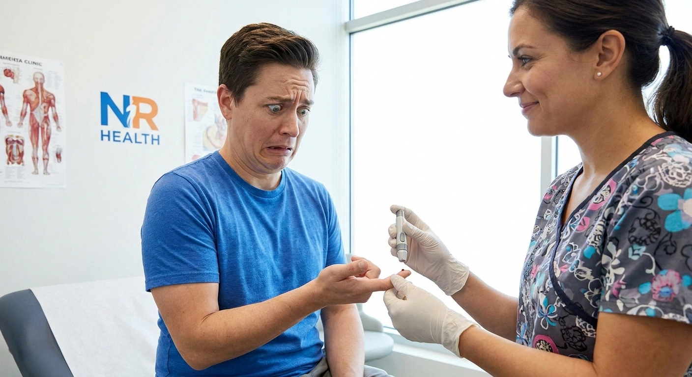 Patient showing disproportionate discomfort during a routine fingerstick blood test, illustrating hyperalgesia.