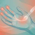 Illustration of a human hand with glowing fingertips showing heightened nerve sensitivity, with a feather-light brush approaching the palm.