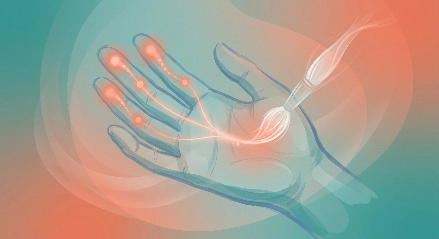 Illustration of a human hand with glowing fingertips showing heightened nerve sensitivity, with a feather-light brush approaching the palm.