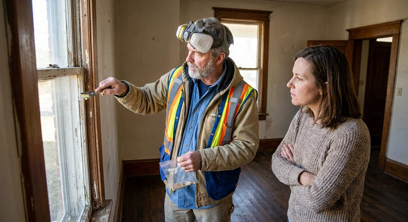Professional industrial hygienist in safety gear examining and sampling old window paint in an older home as part of a lead exposure assessment with the homeowner observing.