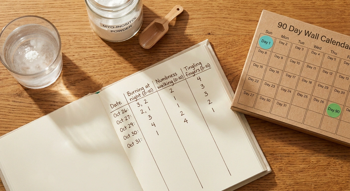 A home desk with an open symptom journal showing daily 0-10 ratings, a 90-day calendar, a jar of myo-inositol powder, and a glass of water with powder dissolving — anchoring the honest 12-week test protocol.