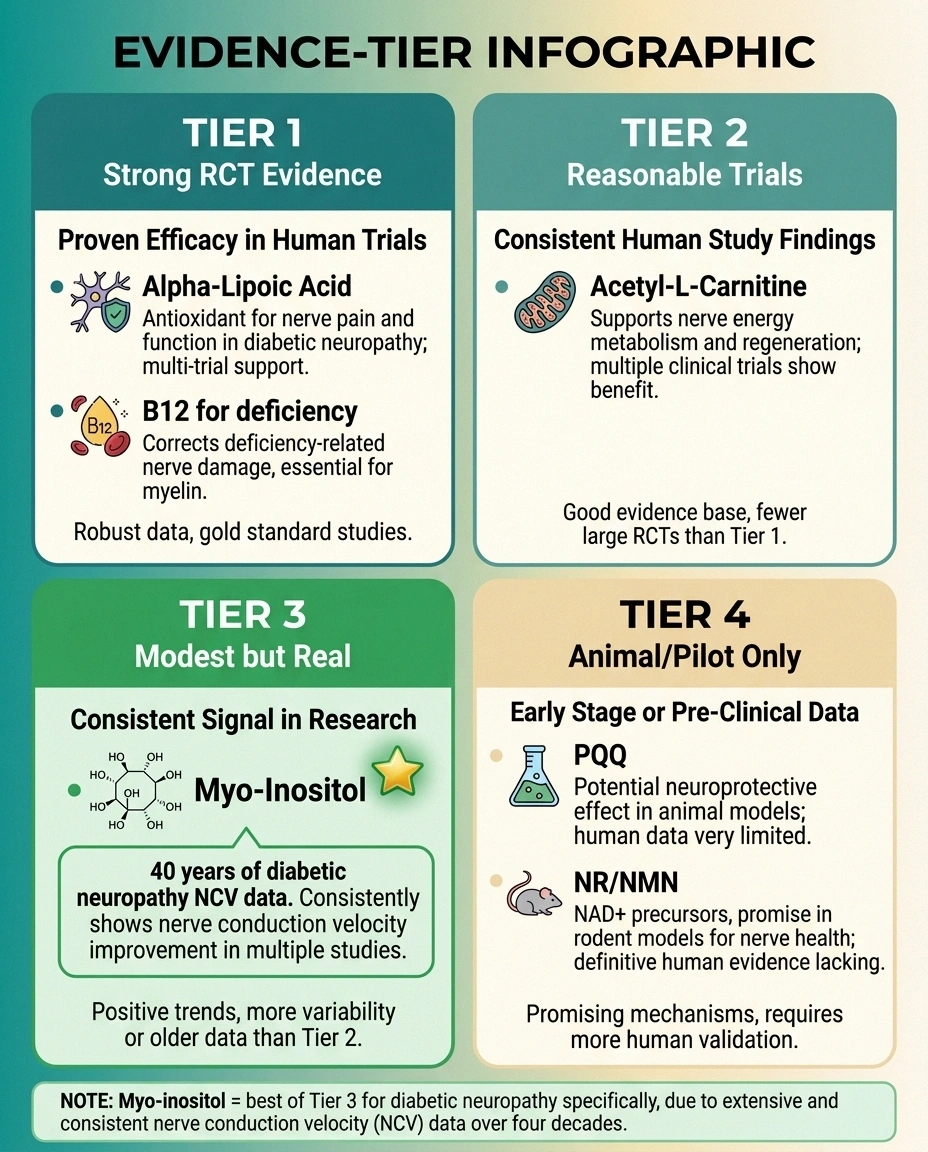 Evidence-tier infographic placing myo-inositol in Tier 3 (modest but real evidence) for diabetic neuropathy, alongside Tier 1 supplements (ALA, B12) and Tier 4 (PQQ, NMN).