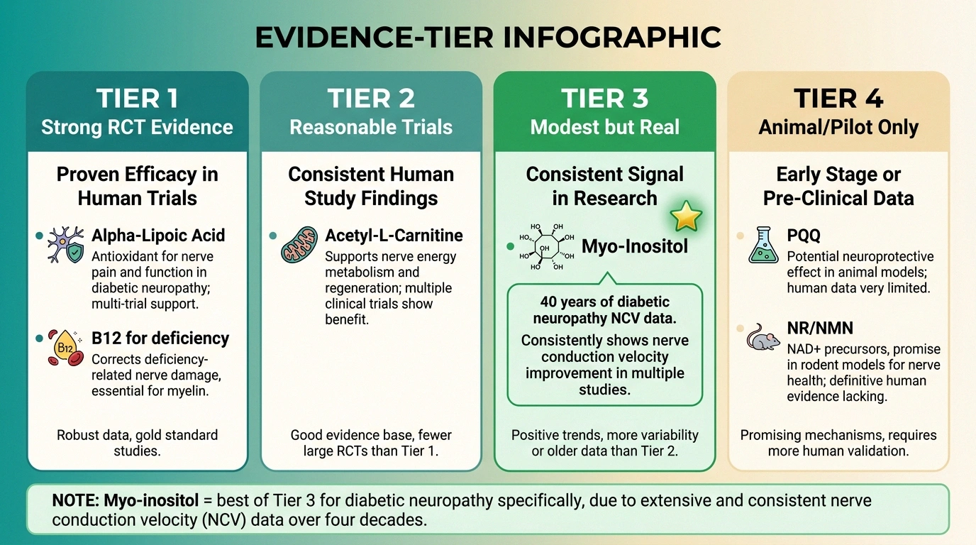 Evidence-tier infographic placing myo-inositol in Tier 3 (modest but real evidence) for diabetic neuropathy, alongside Tier 1 supplements (ALA, B12) and Tier 4 (PQQ, NMN).
