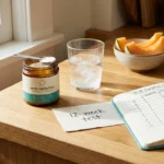A jar of myo-inositol powder with a scoop, a glass of water with powder dissolving, a symptom-tracking notebook, and cantaloupe slices — anchoring an honest 12-week test of inositol for diabetic neuropathy.