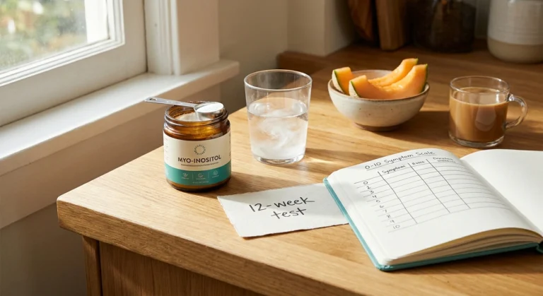 A jar of myo-inositol powder with a scoop, a glass of water with powder dissolving, a symptom-tracking notebook, and cantaloupe slices — anchoring an honest 12-week test of inositol for diabetic neuropathy.