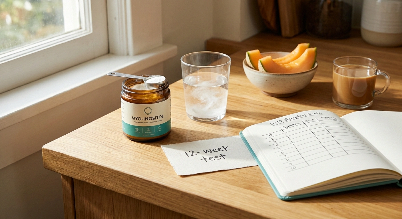 A jar of myo-inositol powder with a scoop, a glass of water with powder dissolving, a symptom-tracking notebook, and cantaloupe slices — anchoring an honest 12-week test of inositol for diabetic neuropathy.