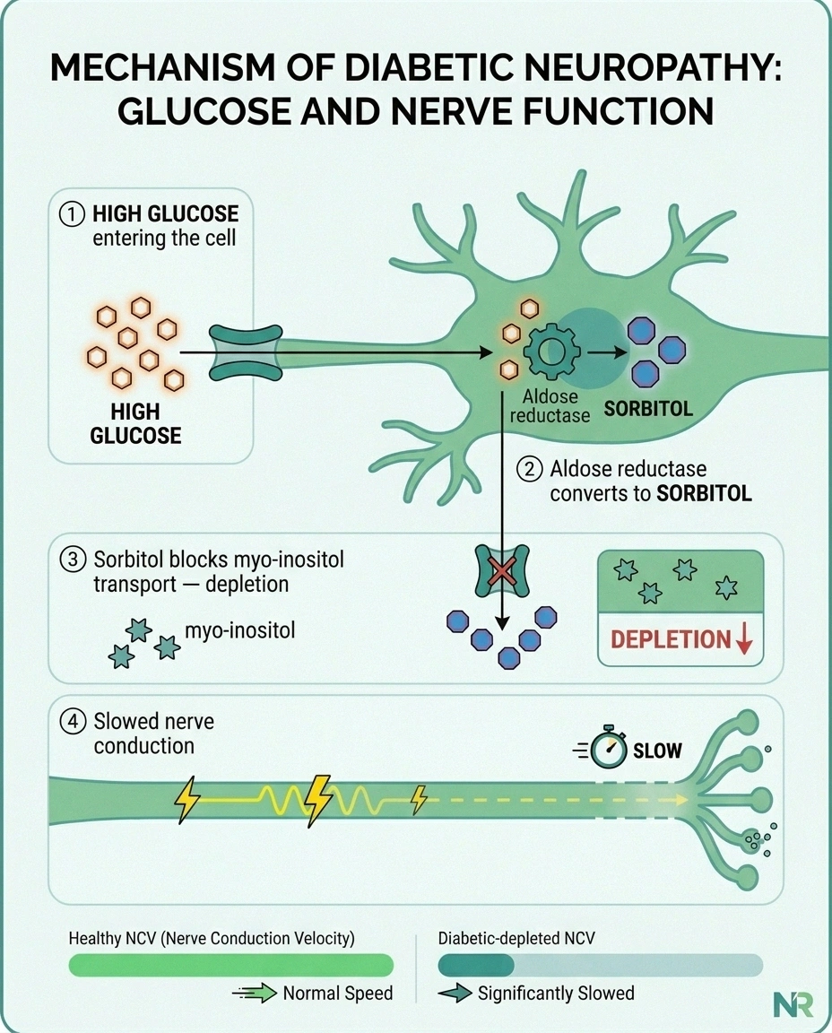 Infographic showing the sorbitol pathway inside a nerve cell: high glucose converts to sorbitol via aldose reductase, sorbitol blocks myo-inositol transport, and depleted myo-inositol slows nerve conduction velocity.