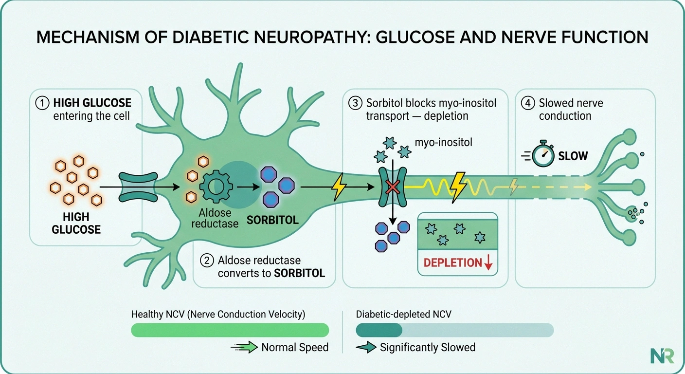 Infographic showing the sorbitol pathway inside a nerve cell: high glucose converts to sorbitol via aldose reductase, sorbitol blocks myo-inositol transport, and depleted myo-inositol slows nerve conduction velocity.