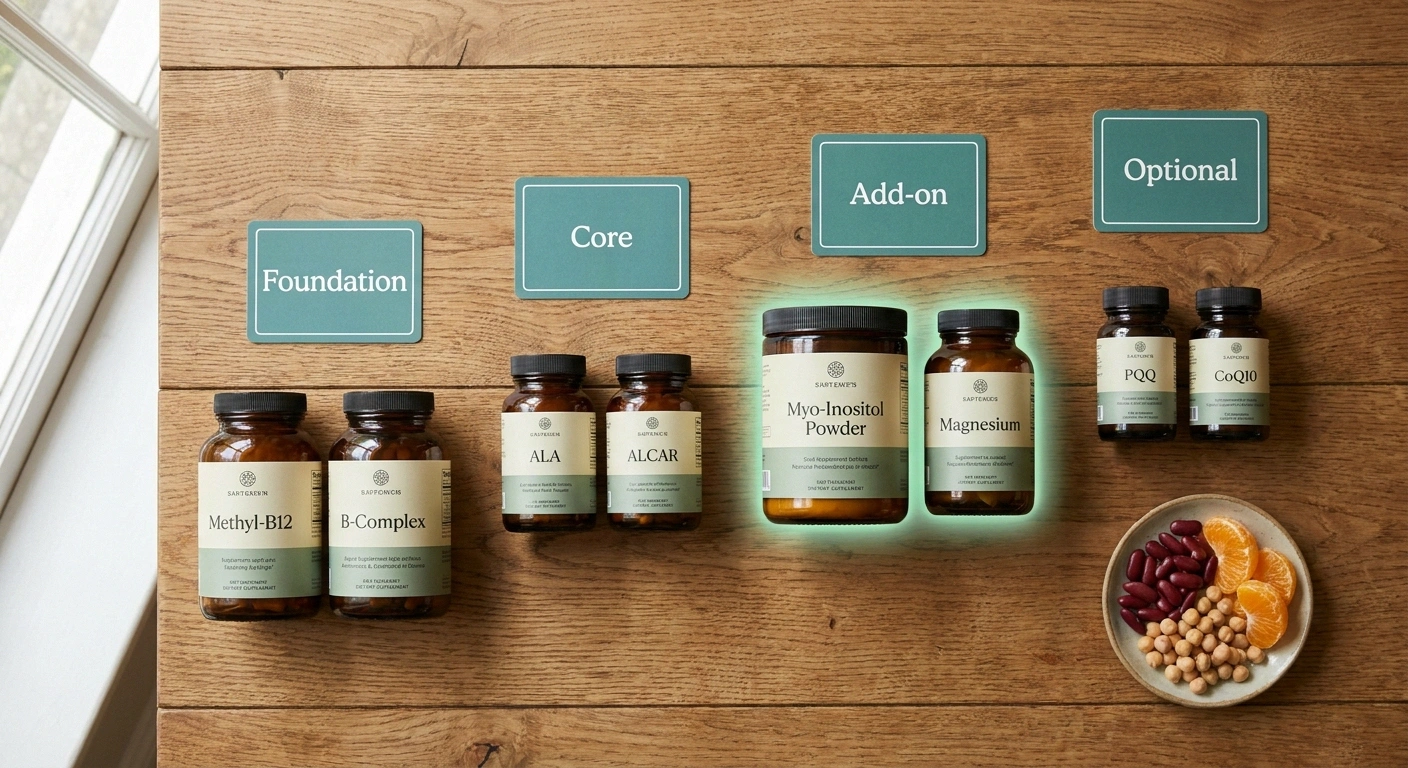 A flat-lay of neuropathy supplements in four tiers — foundation B12 and B-complex, core ALA and ALCAR, add-on myo-inositol and magnesium, optional PQQ and CoQ10 — with beans and citrus segments as natural food sources.