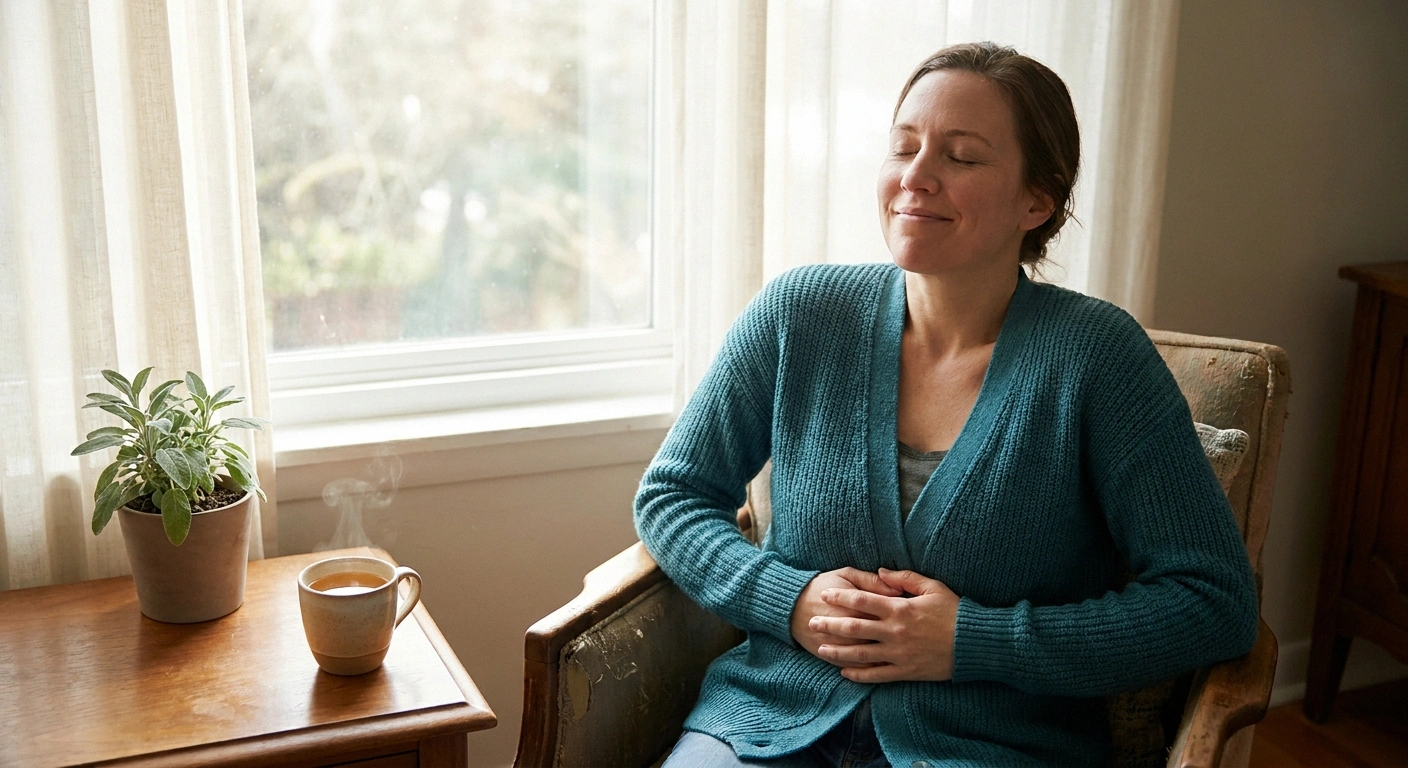 Woman practicing slow breathing exercise to calm internal tremor and nervous system arousal