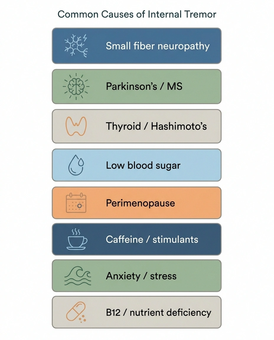 Eight common causes of internal tremor including small fiber neuropathy, thyroid disease, low blood sugar, and anxiety