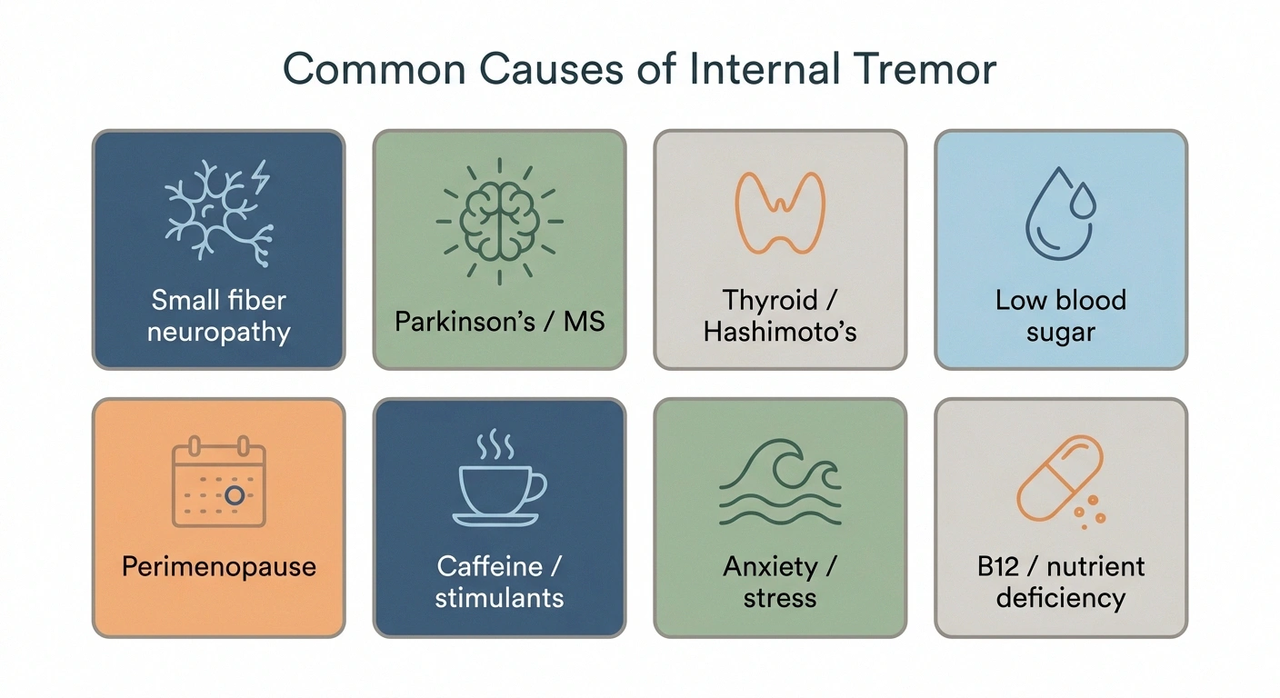 Eight common causes of internal tremor including small fiber neuropathy, thyroid disease, low blood sugar, and anxiety