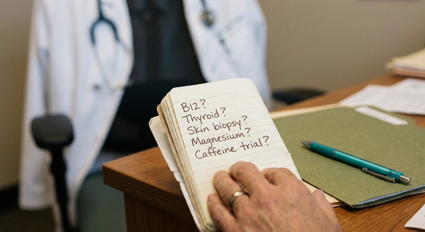 Patient bringing handwritten questions to her doctor about internal tremor workup