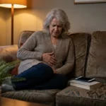 Woman feeling internal tremor or buzzing sensation inside her body at home