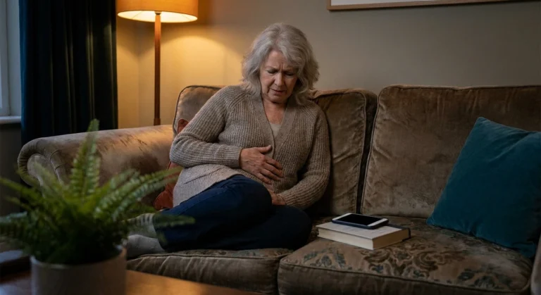 Woman feeling internal tremor or buzzing sensation inside her body at home