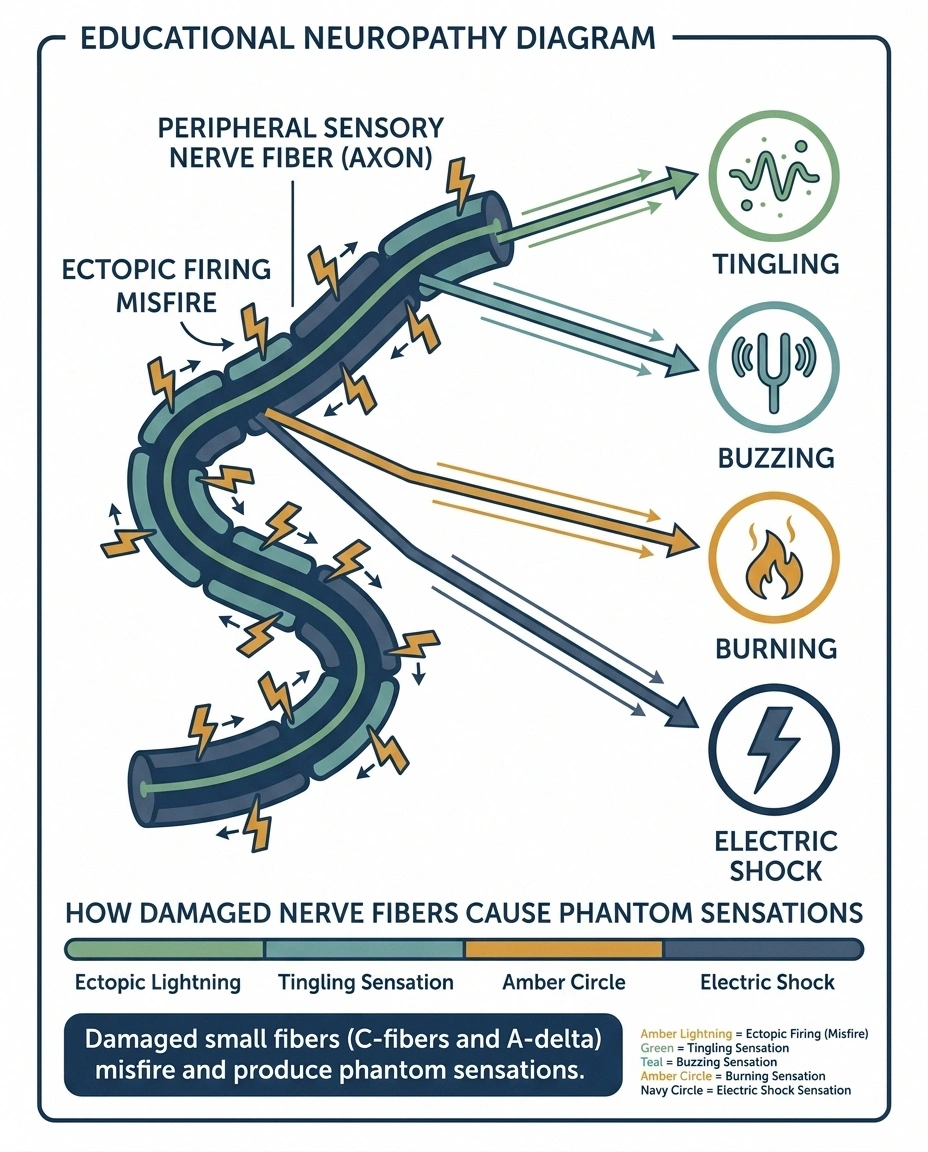 Diagram showing how misfiring small fiber nerves produce internal tremor, tingling, and other phantom sensations