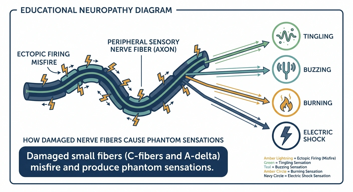 Diagram showing how misfiring small fiber nerves produce internal tremor, tingling, and other phantom sensations