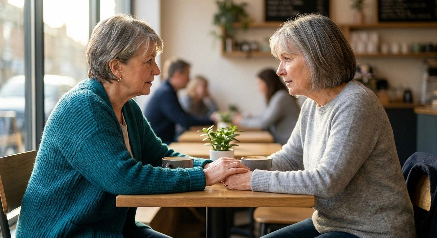 Patient advocate offering empathetic support to a friend experiencing internal tremor symptoms