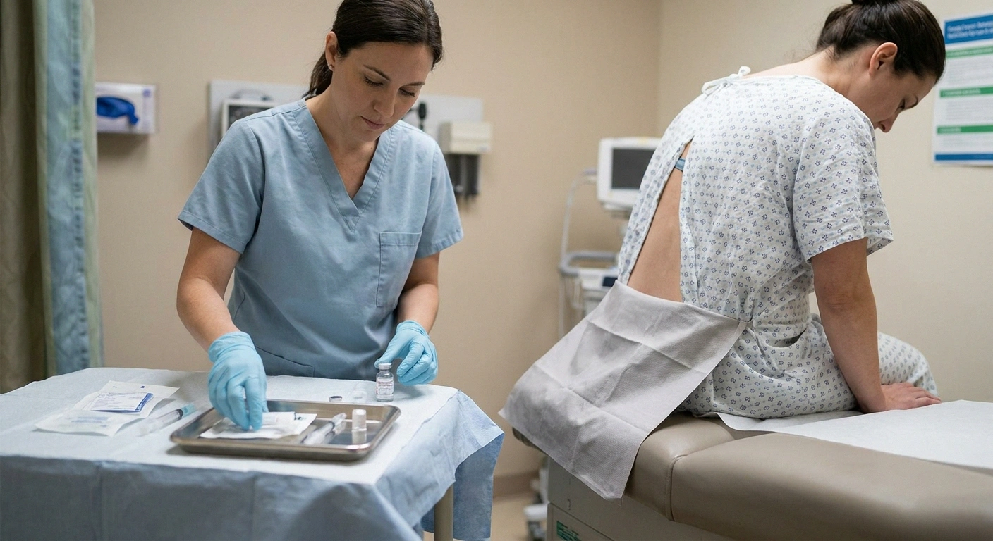 Clinician preparing intrathecal injection procedure for gene therapy clinical trial