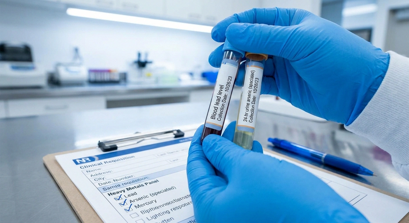 Lab technician's gloved hands holding labeled blood lead and 24-hour urine arsenic sample tubes beside a clinical requisition form ordering heavy metal testing.