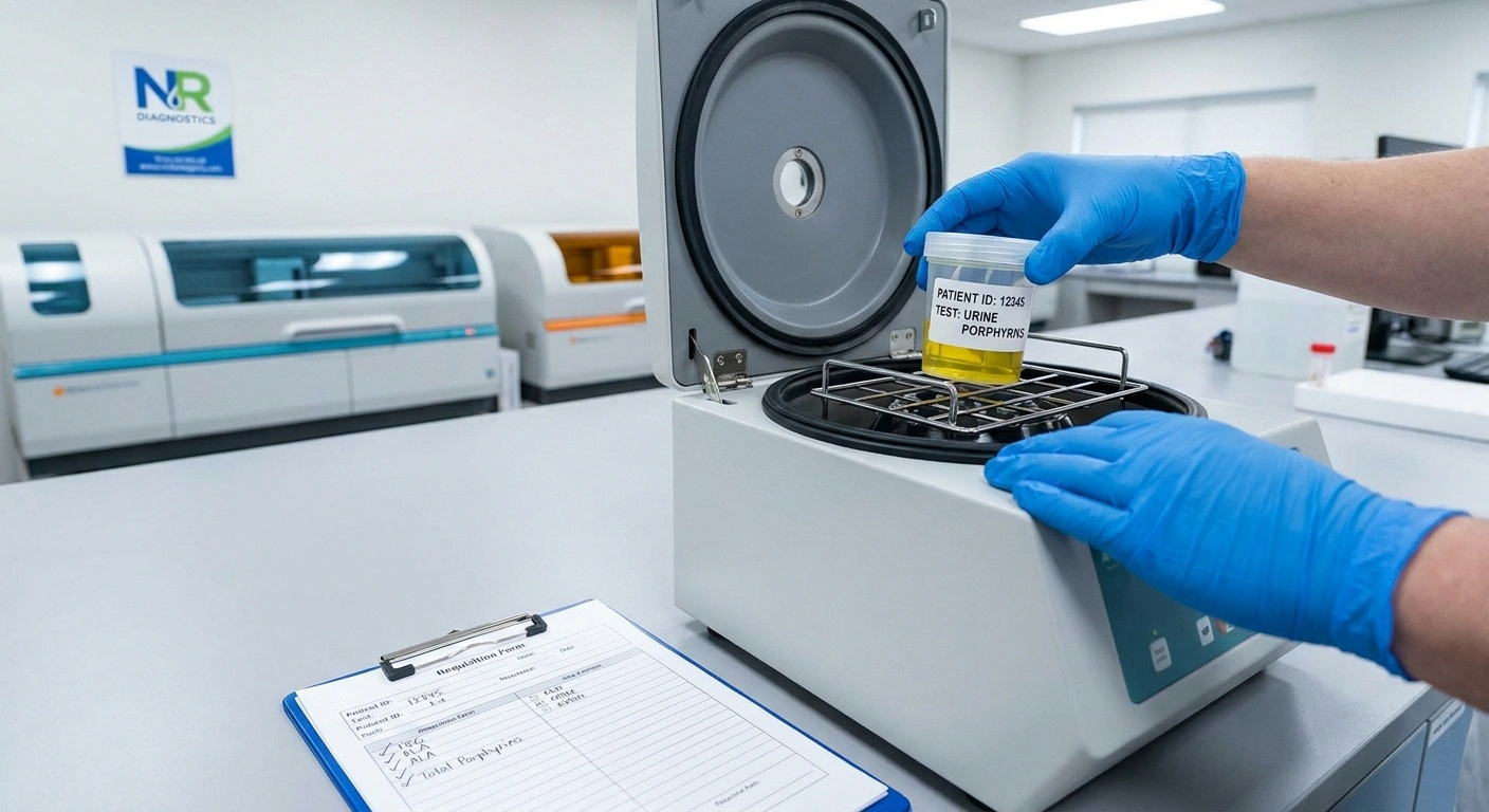 Lab technicians gloved hands placing a labeled urine sample into a processing rack beside a clinical requisition form ordering PBG ALA and total porphyrins.