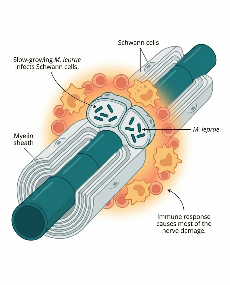 How Mycobacterium leprae damages peripheral nerves through Schwann cell infection and immune response