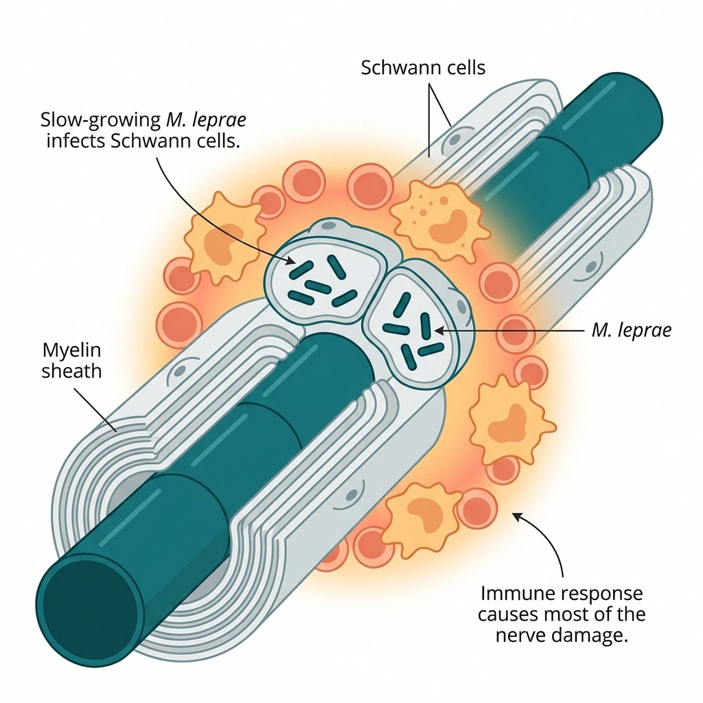 How Mycobacterium leprae damages peripheral nerves through Schwann cell infection and immune response