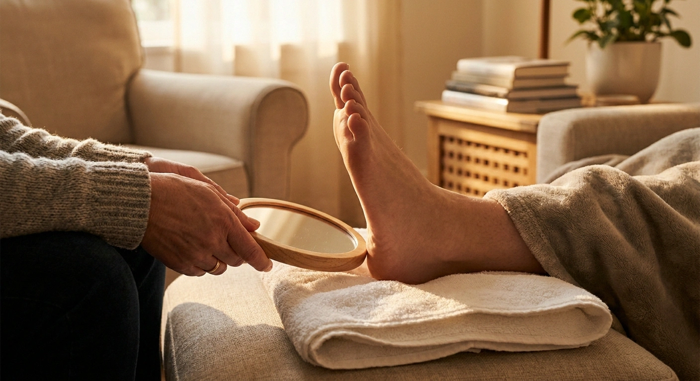 Daily protective foot inspection using a handheld mirror — essential routine after Hansen's disease treatment