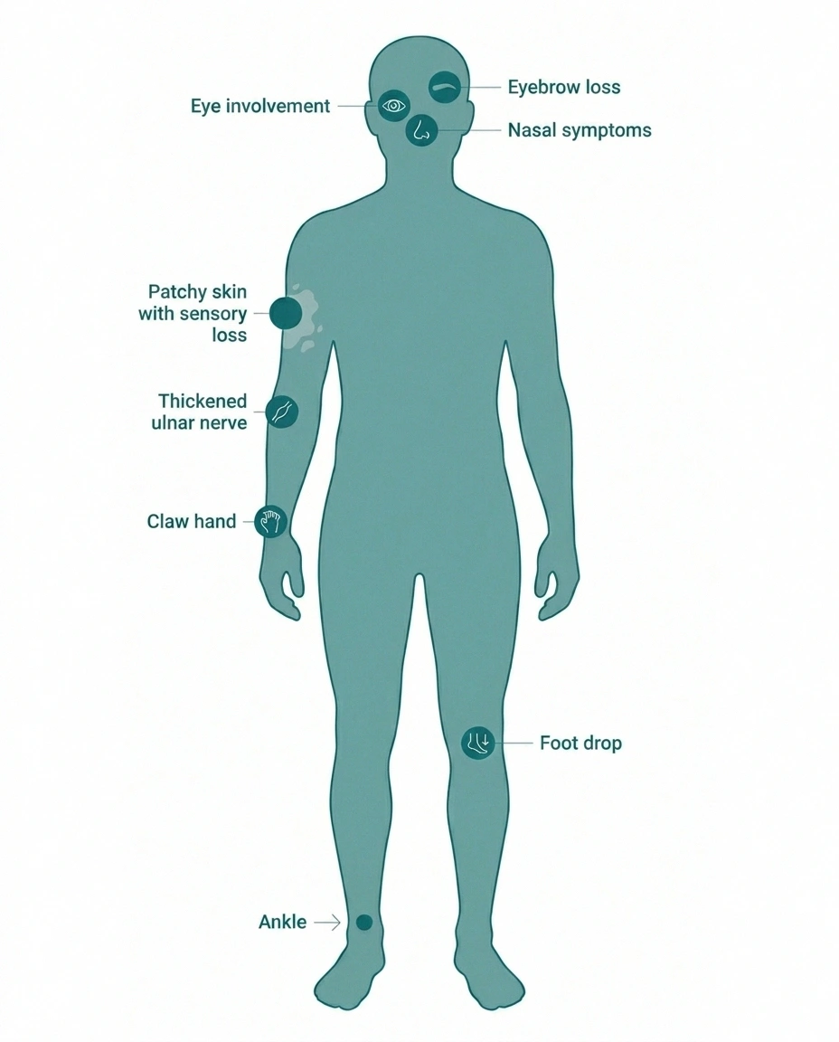 Common Hansen's disease symptoms on a schematic body diagram — skin patches, thickened nerves, claw hand, foot drop