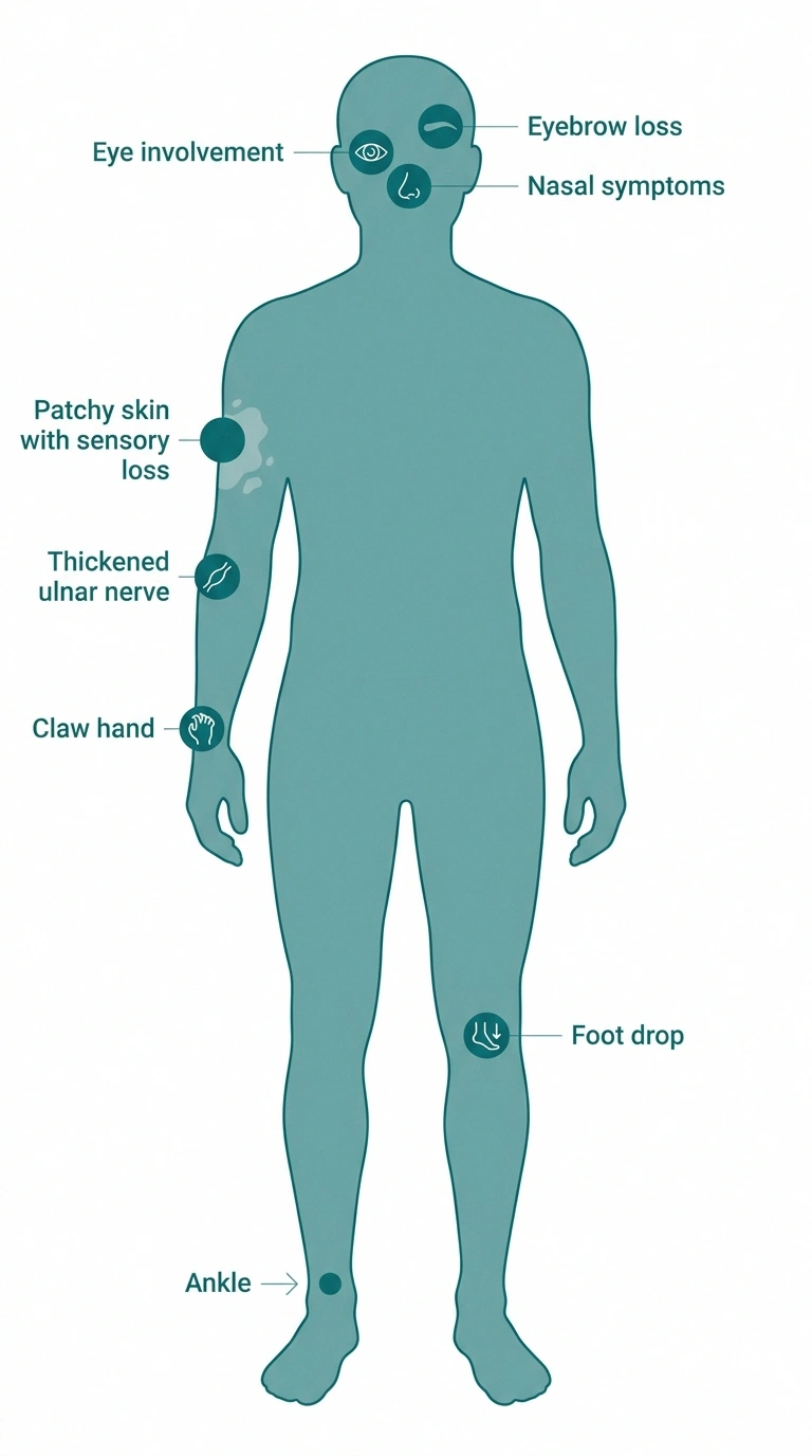 Common Hansen's disease symptoms on a schematic body diagram — skin patches, thickened nerves, claw hand, foot drop