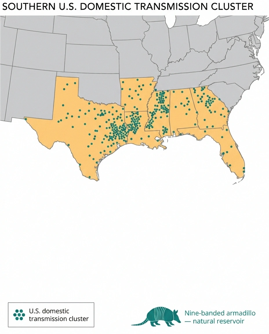 U.S. Gulf Coast armadillo cluster region where domestic Hansen's disease transmission occurs