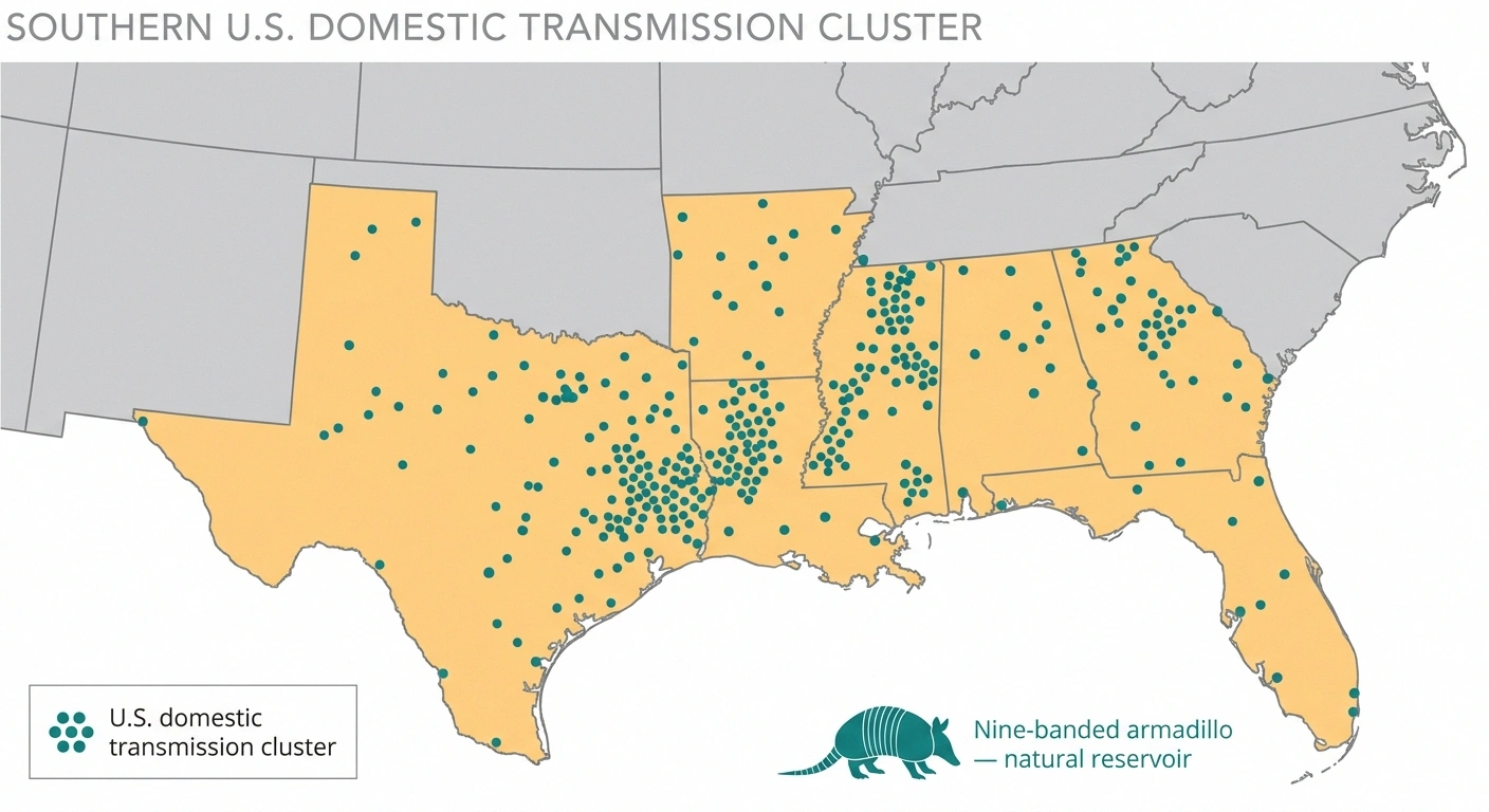 U.S. Gulf Coast armadillo cluster region where domestic Hansen's disease transmission occurs