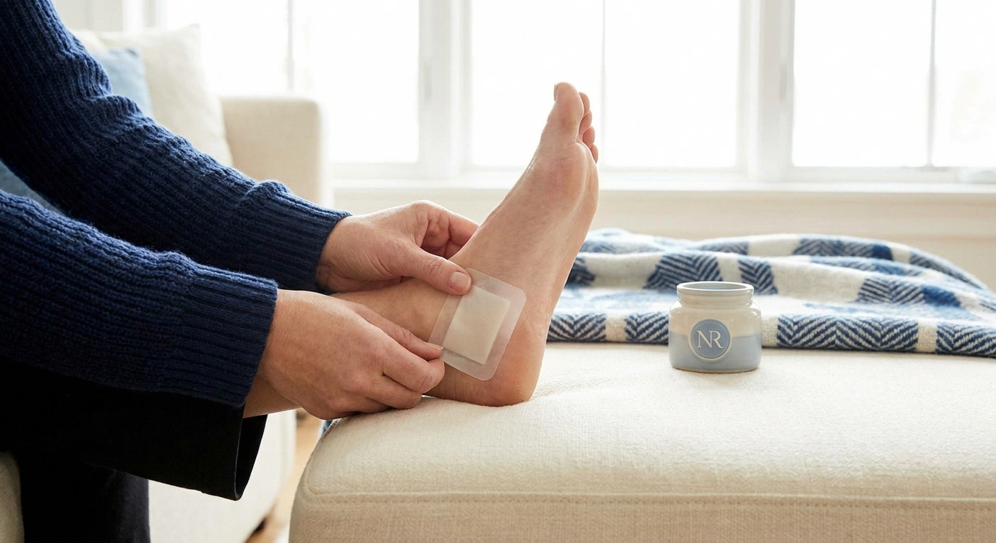 Person applying a topical lidocaine patch to their lower leg as treatment for focal allodynia.