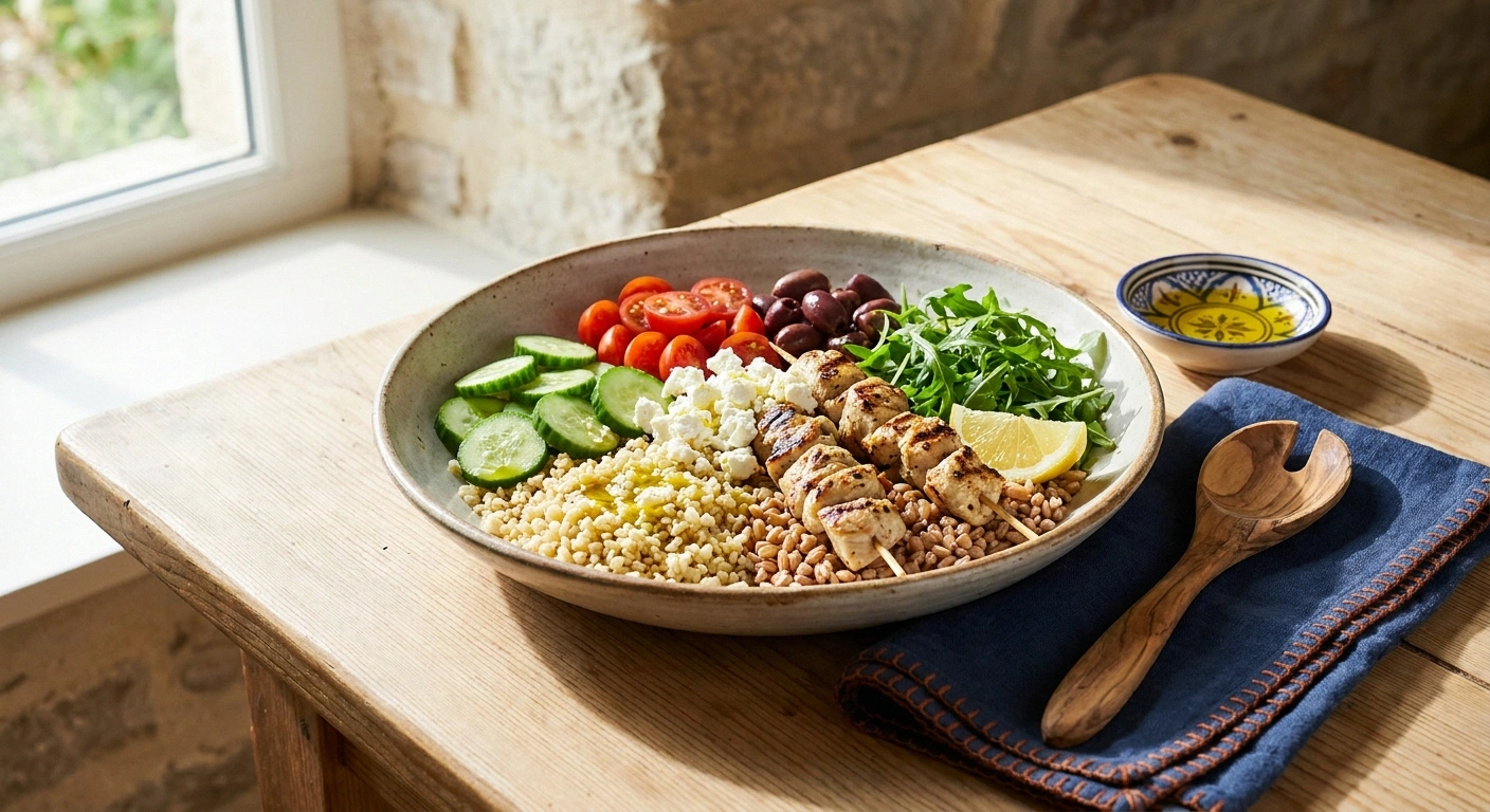 Mediterranean grain bowl with bulgur grilled chicken cucumber tomatoes olives feta and arugula on a wooden table with a lemon wedge.