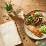 Top-down view of a balanced low-glycemic-index plate with grilled salmon, a colorful salad, quinoa, and sliced avocado on a wooden dining table.